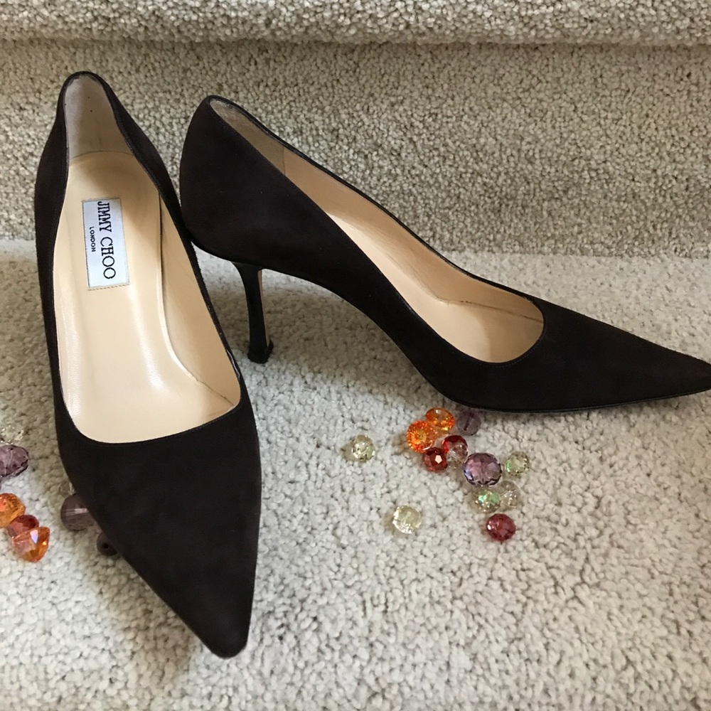 JIMMY CHOO Rich Mocha Suede Heels Sz 37.5 or 7